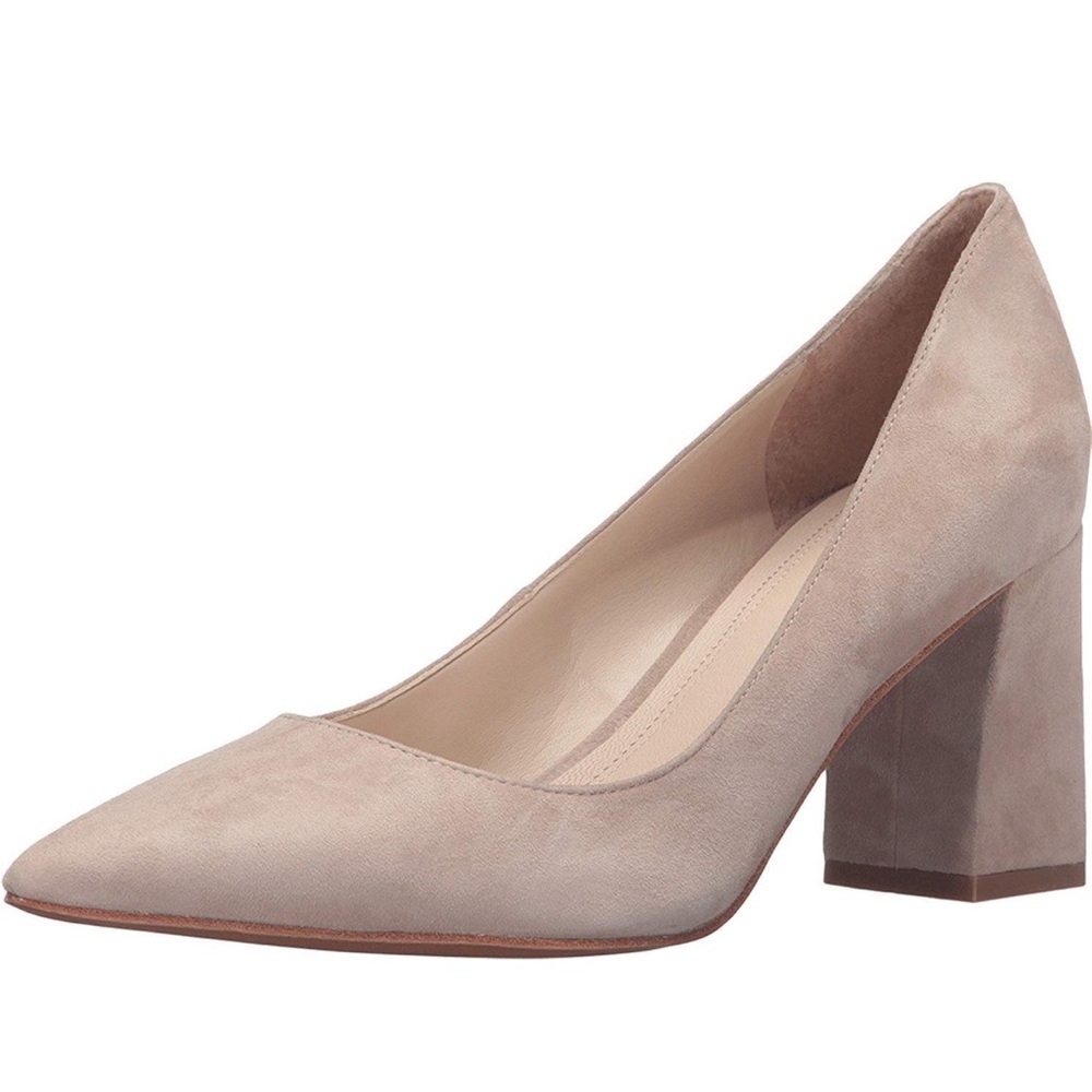 Marc Fisher Block Heel Pointed Toe Pumps in Taupe Suede - Picture 6 of 6